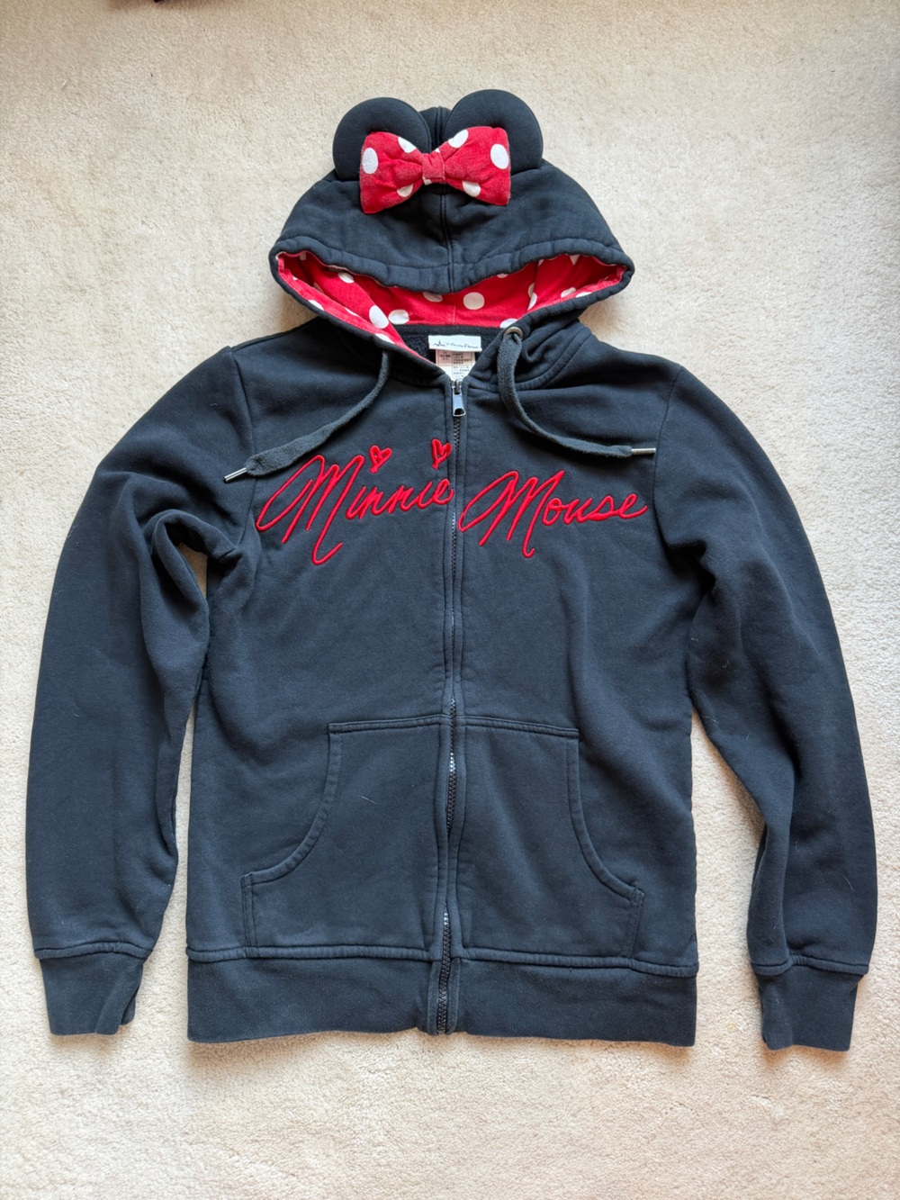 Disney Parks Minnie Mouse Zip Up Hoodie Ears Black Red‎ Sweatshirt Size Small